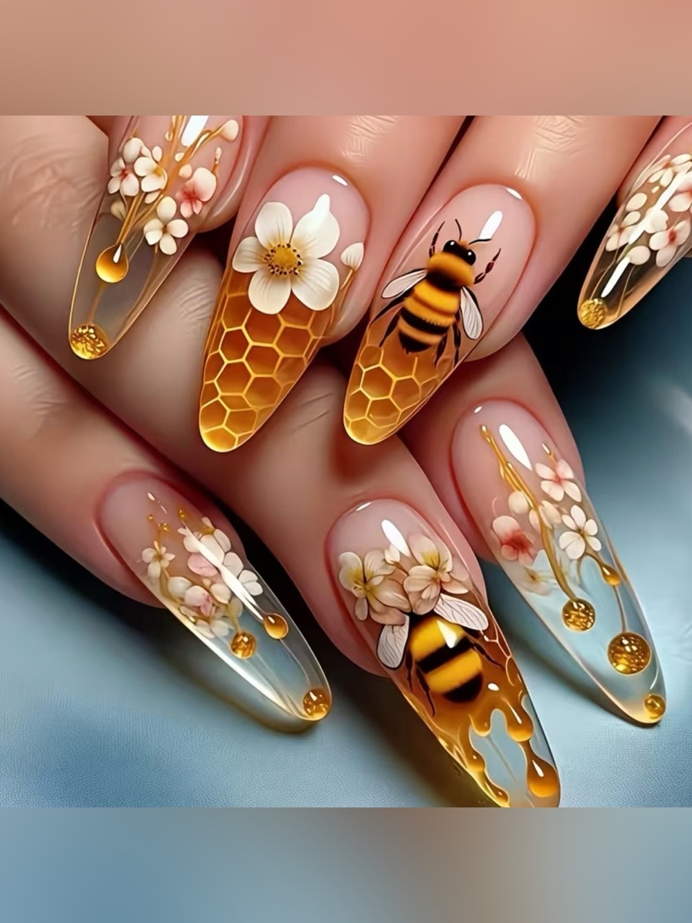 🐝 24pcs Honey Bees Long Length Almond Glossy Press on Nails